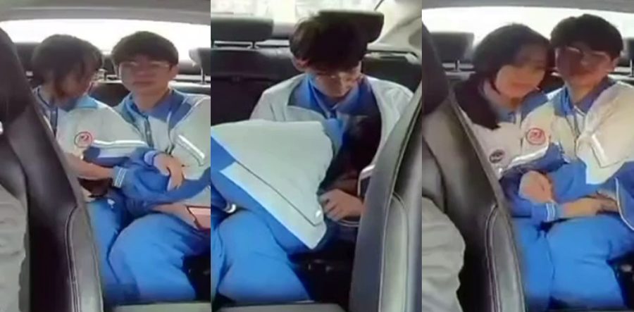 出租车上饥渴难耐？ 高州四中学生情侣出租车大胆玩火 上车就盖校服口交蠕动摩擦刺激到爆