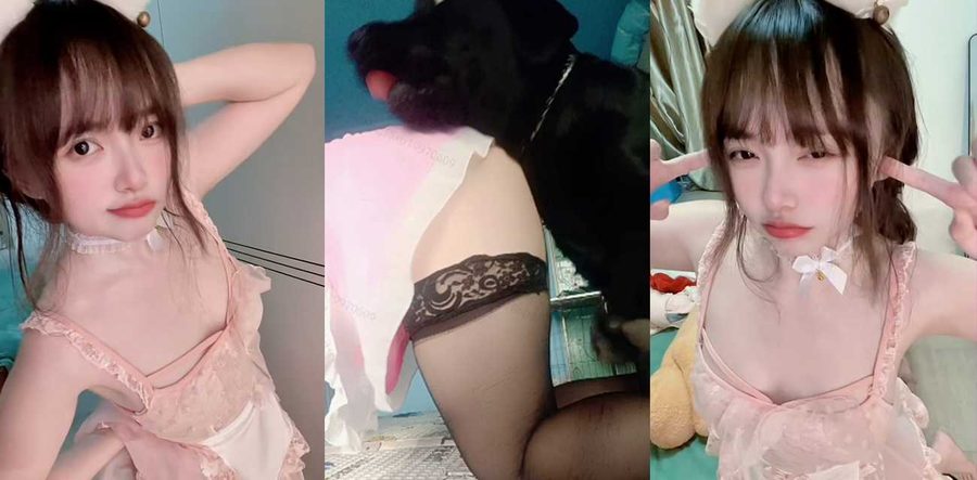 人狗合一？杨老师水多多 女仆黑丝镂空装 翘臀遭黑狗狂舔狂插内射三连击