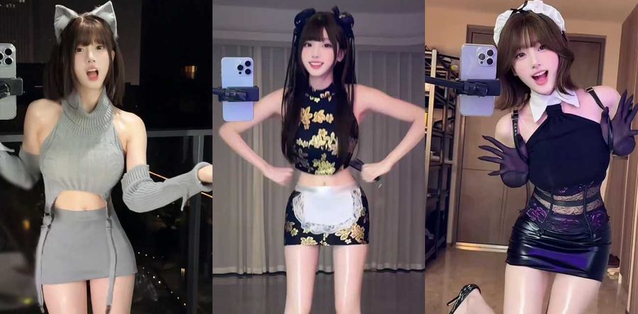 吃瓜上头了！抖音巨乳大长腿网红瑶瑶同学情趣内衣cos换装 制服热舞晃乳扭臀诱惑到腿软
