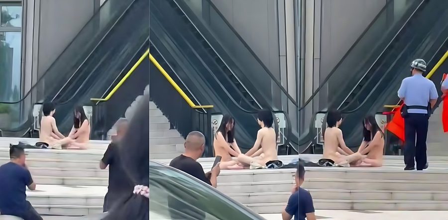 浙江宁波街头 男女裸体Cos杨过小龙女 练玉女心经 引路人围观尺度爆炸