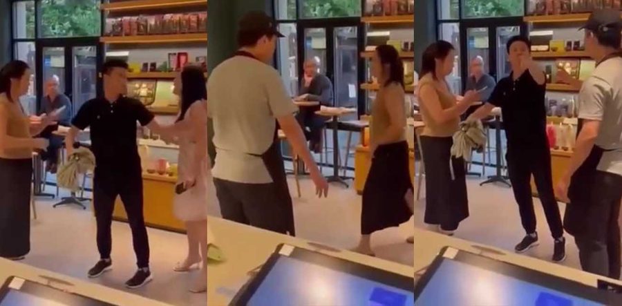 星巴克修罗场 原配抓奸小三当场撕逼 老公左右为难谁弱就帮谁护着