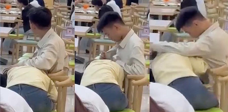 震惊 在学校食堂女生直接跪下给男友口交还把精液射到饭碗里再口口相传