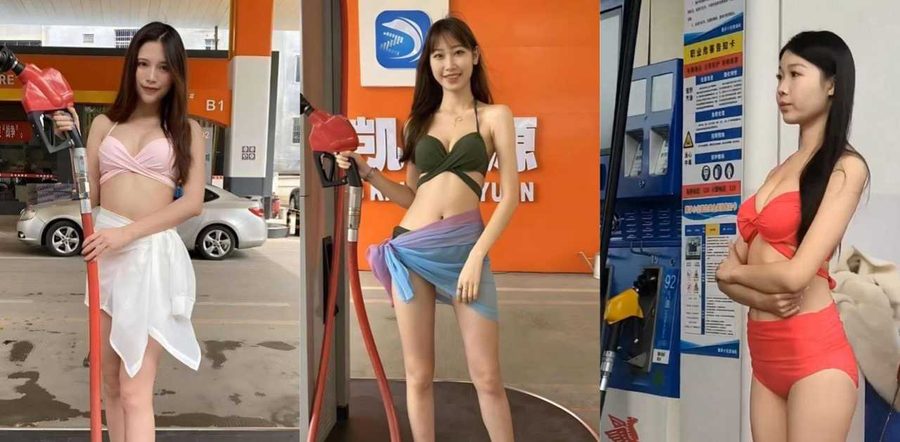 江门美孚1号加油站比基尼营销！美女穿比基尼加油，翘臀细腰吸睛无数，生意火爆排队一小时，车主直呼值！