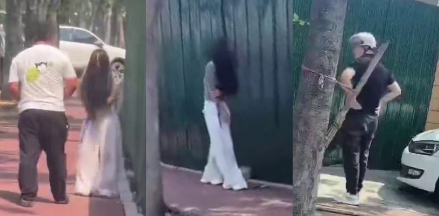 劲爆抓奸画面 丈夫当街暴打出轨老婆 路边痛揍白衣少妇 偷情被抓现场