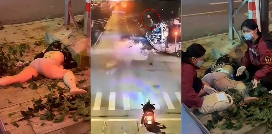 云南砚山县锦华宾馆门口醉驾闯红灯撞飞摩托车 现场血腥惨烈摩托车手当场身亡