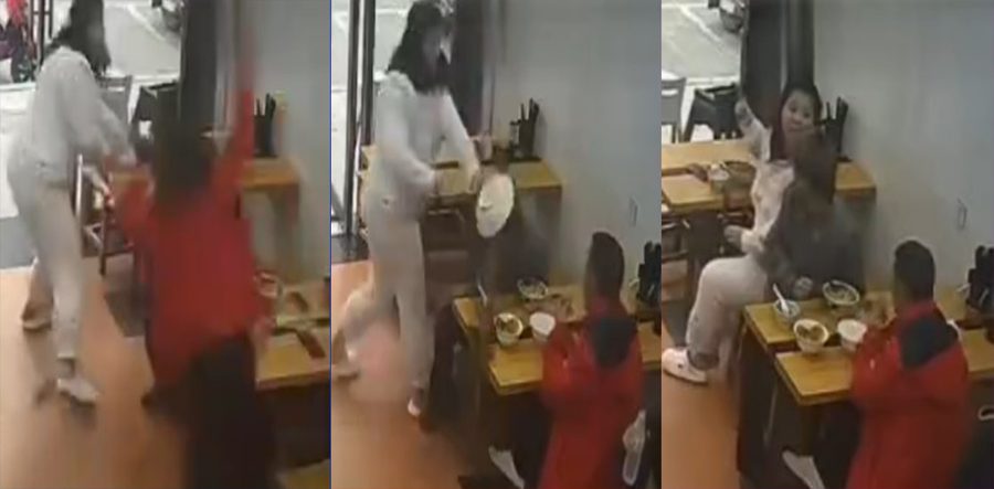 小仙女面馆一人独占两凳态度嚣张 面汤泼男顾客头上 被男子及父亲当场暴打
