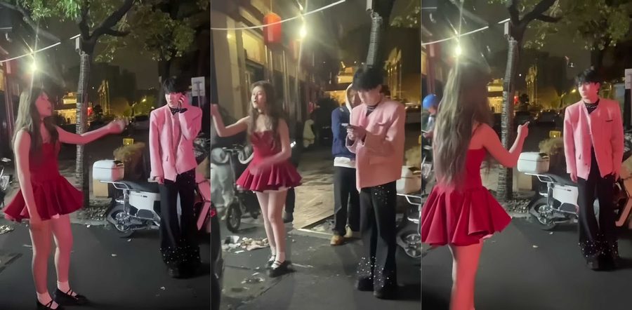 红裙子女生街头怒撕男模男友！武汉精神小妹爆料男友男同一个 出轨染病传染女友怒骂其兜不住屎 现场失控！