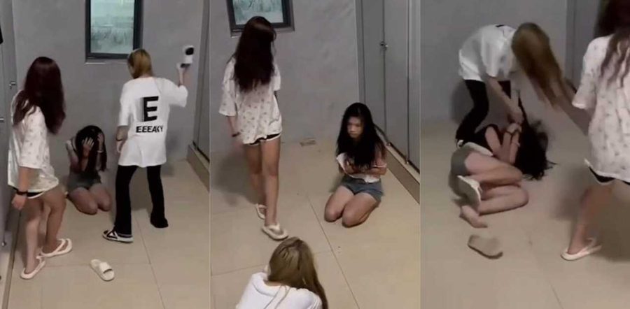 刁蛮小妹厕所霸凌，清纯女生被黄毛精神小妹群殴暴打，抓头发狂扇耳光，脚踹爆头血溅当场！