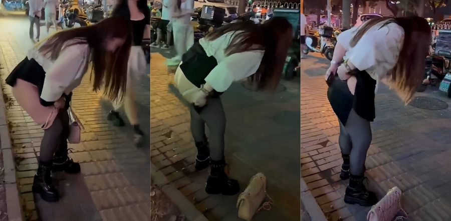 醉酒小仙女当街脱内裤黑丝放尿！黑丝骚货蹲地狂喷汁液 当众手擦骚穴画面太下流了！