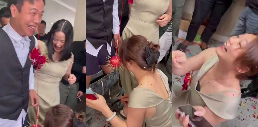 广西桂林市婚闹现场 婚礼现场变A片 伴娘扔刺猬苹果直击新郎命根 新娘当众跪舔检查蛋蛋