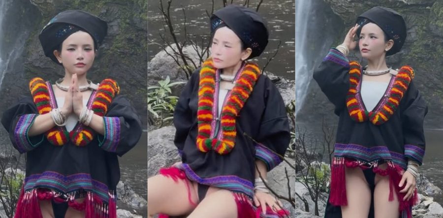 贵州苗族瀑布女孩上身民族装下身丁字裤 雪白大腿强烈反差火爆全网
