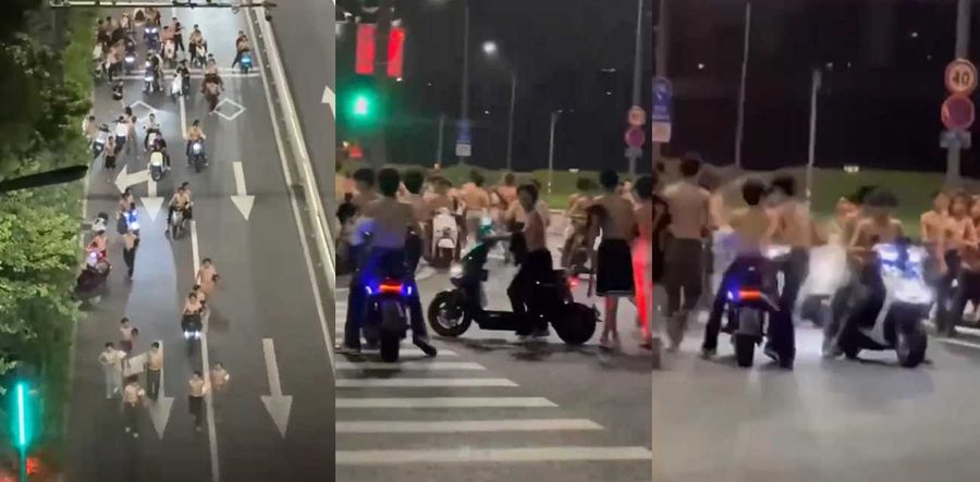 广东普宁街头古惑仔重现！赤裸染发小哥棍棒齐飞拳拳到肉血溅四方 飞车撞人惨叫震天 宛如20年前港片狂飙！